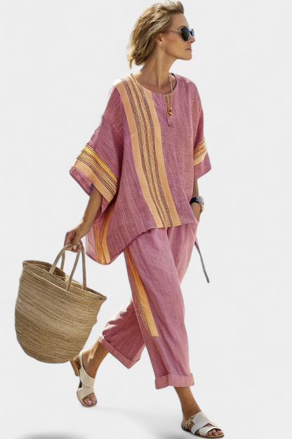 Eleonora | Linen Top & Striped Wide Leg Pants Set