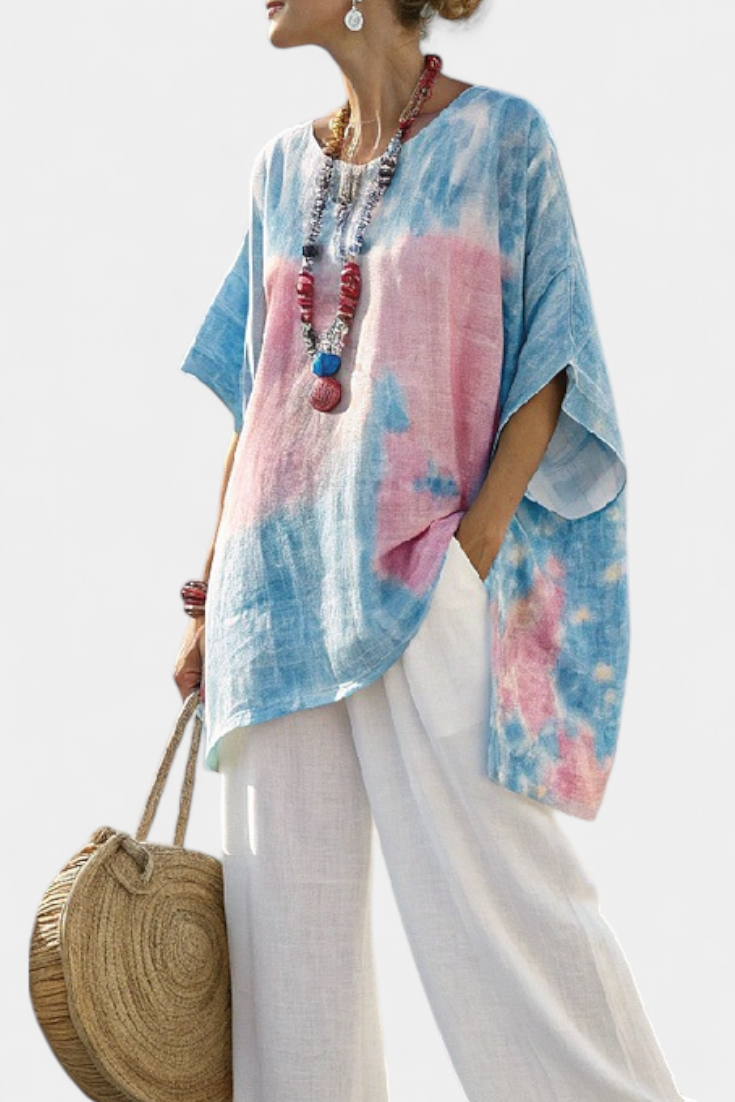 Caterina | Linen Blouse & Striped Wide Leg Pants Set