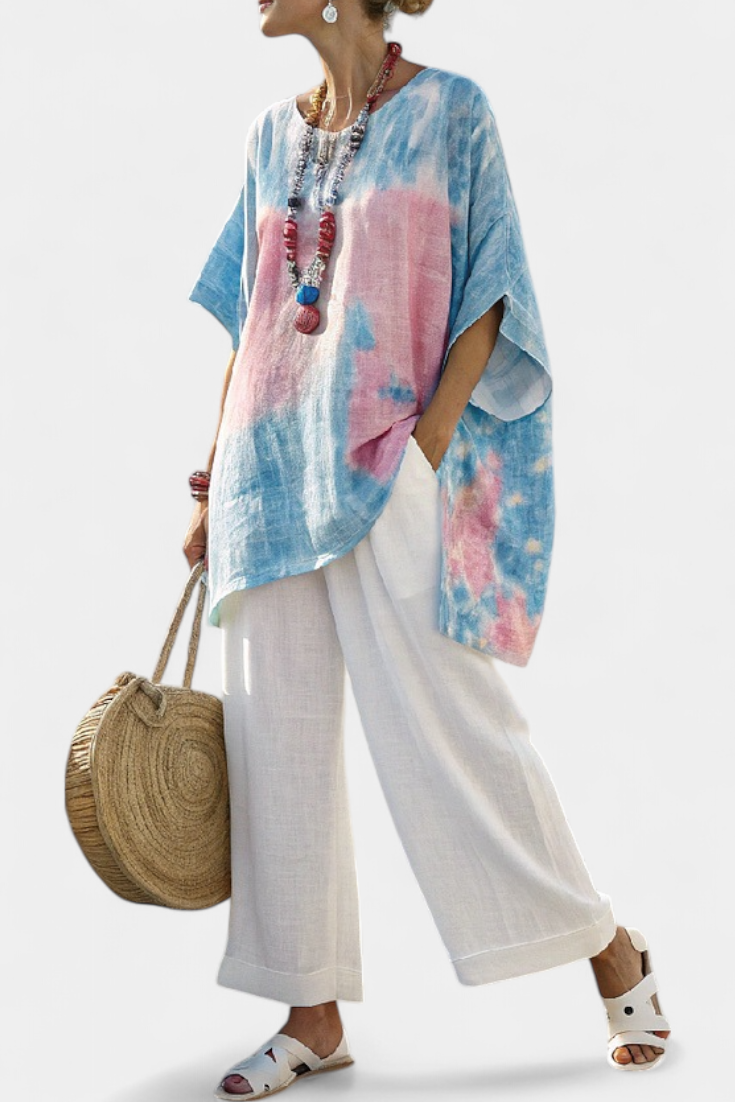 Caterina | Linen Blouse & Striped Wide Leg Pants Set