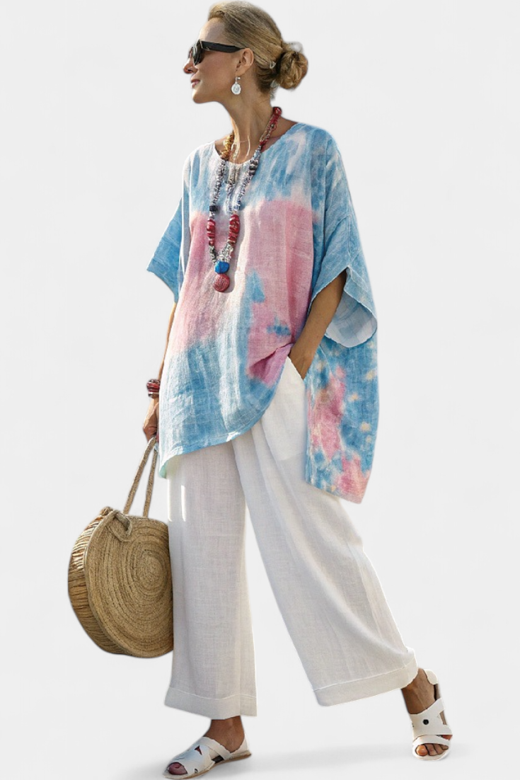 Caterina | Linen Blouse & Striped Wide Leg Pants Set
