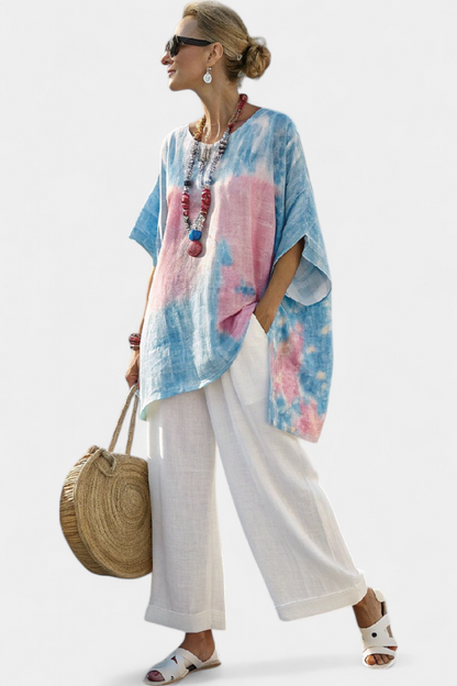 Caterina | Linen Blouse & Striped Wide Leg Pants Set