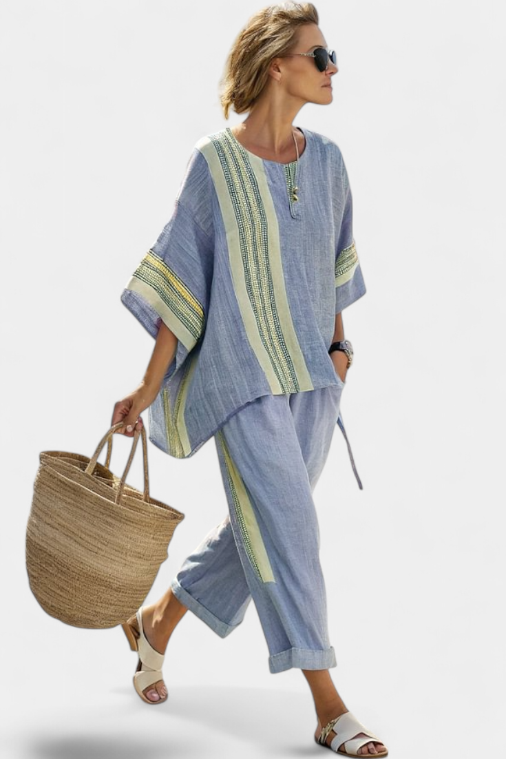 Eleonora | Linen Top & Striped Wide Leg Pants Set
