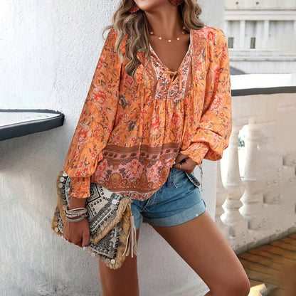 Amelie | Boho Floral V-Neck Blouse