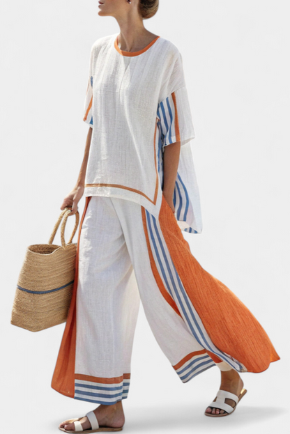 Marcellina | Striped Linen Wide Leg Pants Set