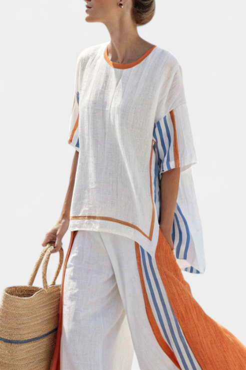 Marcellina | Striped Linen Wide Leg Pants Set
