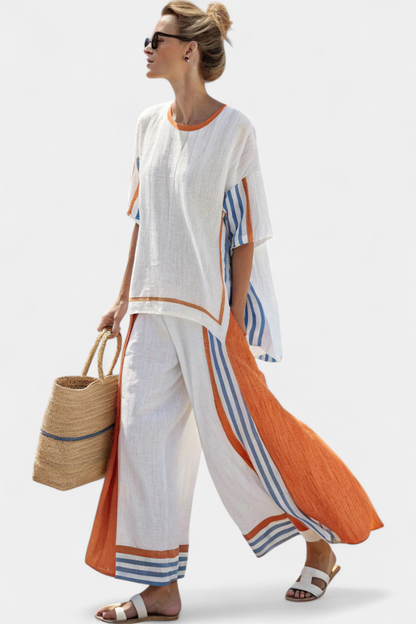 Marcellina | Striped Linen Wide Leg Pants Set