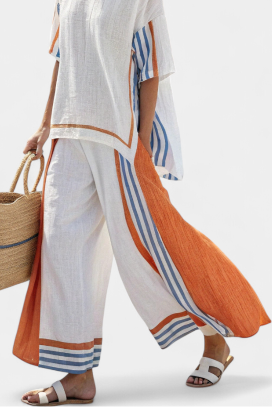 Marcellina | Striped Linen Wide Leg Pants Set