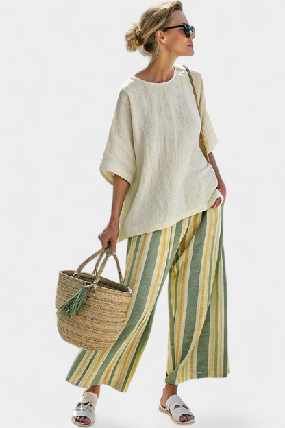 Imogen | Linen Top & Striped Wide Leg Pants Set