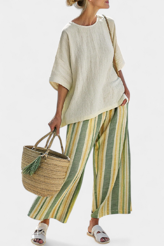 Imogen | Linen Top & Striped Wide Leg Pants Set