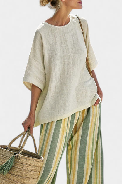 Imogen | Linen Top & Striped Wide Leg Pants Set