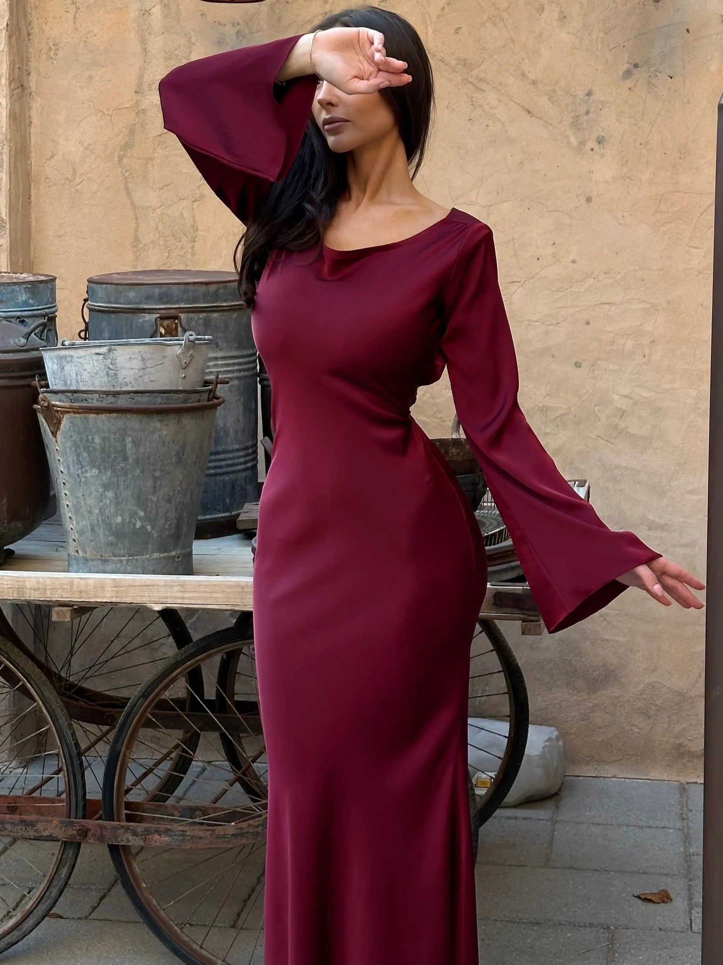 Seravelle | Satin Long Sleeve Maxi Dress