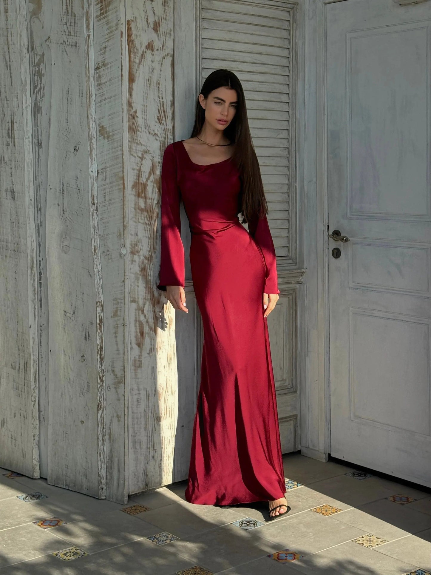 Seravelle | Satin Long Sleeve Maxi Dress