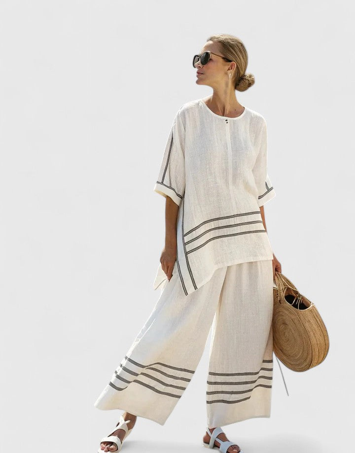Marbella | Linen Top & Striped Wide Leg Pants Set