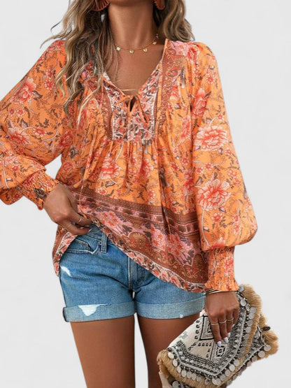 Theodora | Boho Floral V Neck Blouse