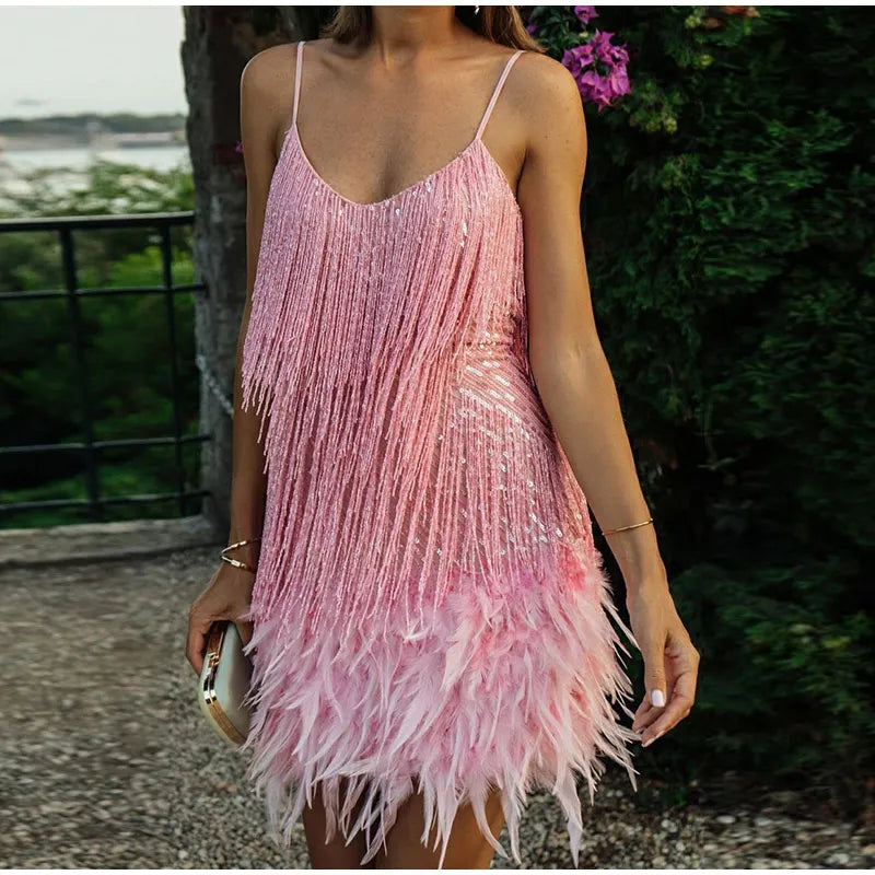 Fleur | Pink Feather Sequin Mini Dress