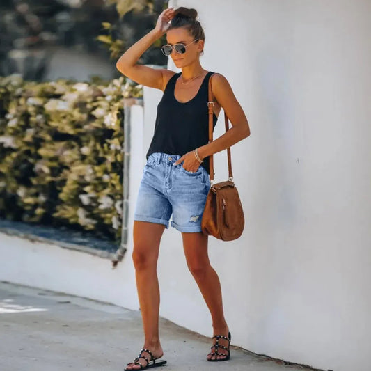 Adélie | High-Waist Rolled-Hem Denim Shorts