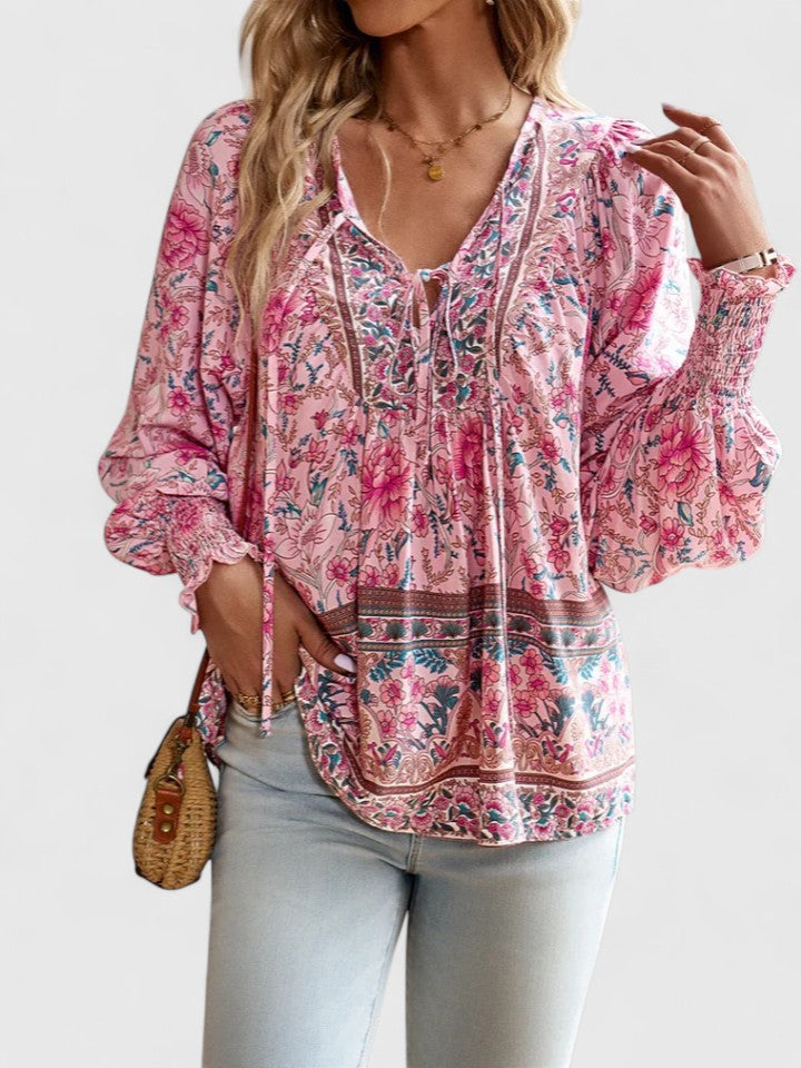 Theodora | Boho Floral V Neck Blouse