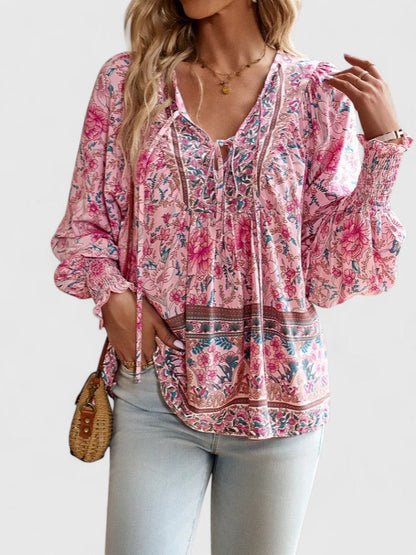 Theodora | Boho Floral V Neck Blouse