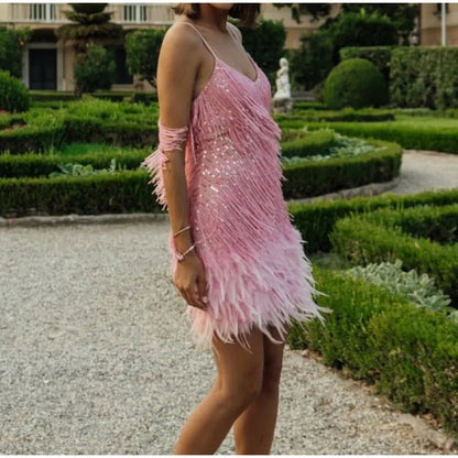 Fleur | Pink Feather Sequin Mini Dress