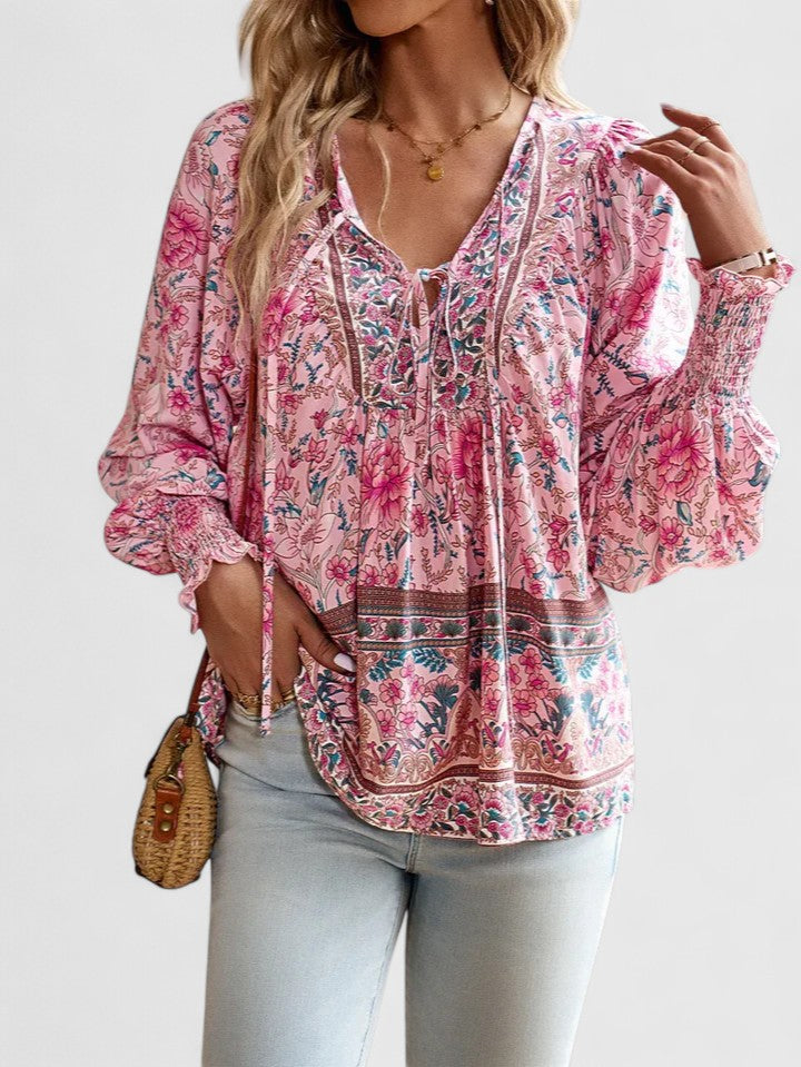 Theodora | Boho Floral V Neck Blouse