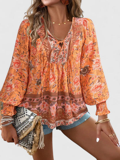 Theodora | Boho Floral V Neck Blouse
