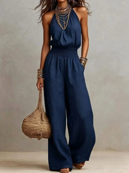 Tindra | Halter Smocked Wide-Leg Jumpsuit