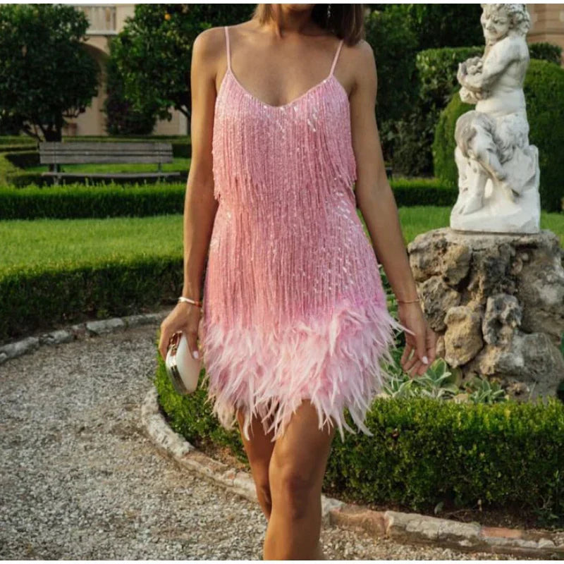 Fleur | Pink Feather Sequin Mini Dress