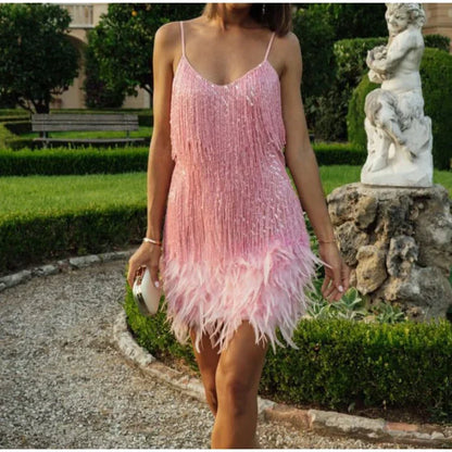 Fleur | Pink Feather Sequin Mini Dress