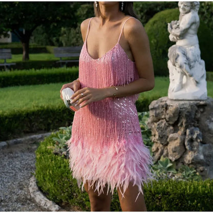 Fleur | Pink Feather Sequin Mini Dress