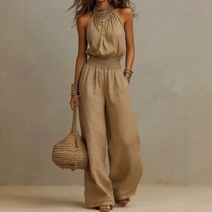 Tindra | Halter Smocked Wide-Leg Jumpsuit