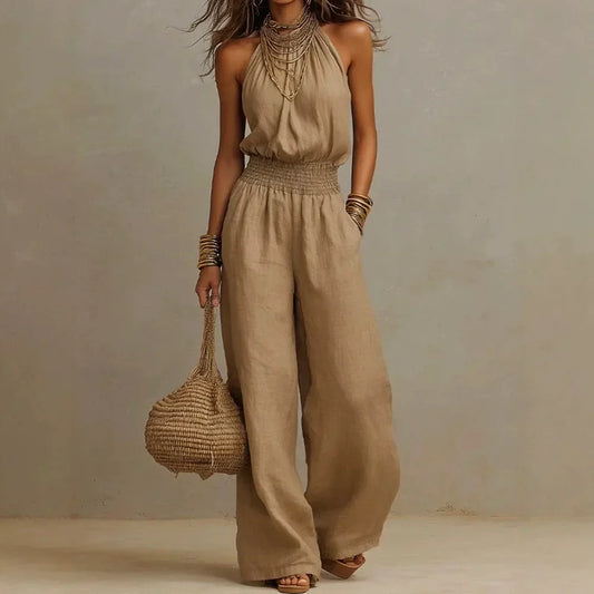 Tindra | Halter Smocked Wide-Leg Jumpsuit
