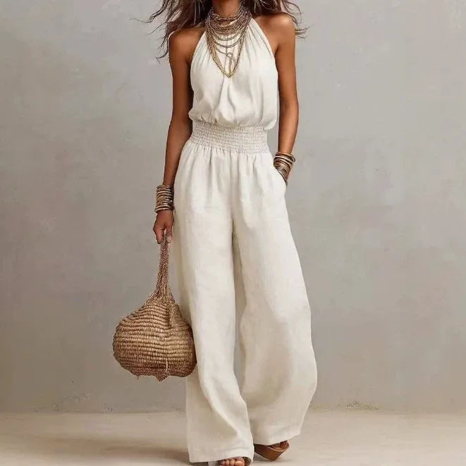 Tindra | Halter Smocked Wide-Leg Jumpsuit