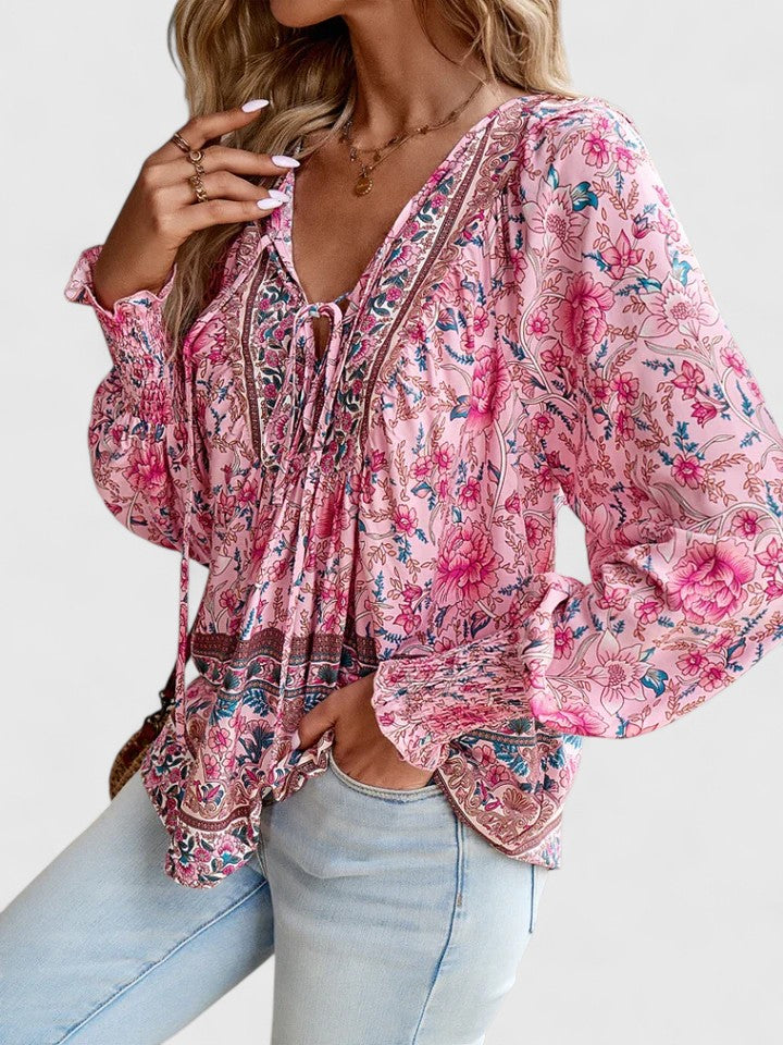 Theodora | Boho Floral V Neck Blouse