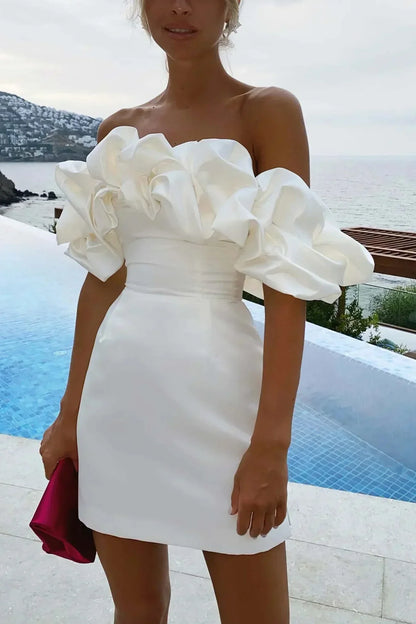 Alessine | Off-Shoulder Satin Ruffle Mini Dress