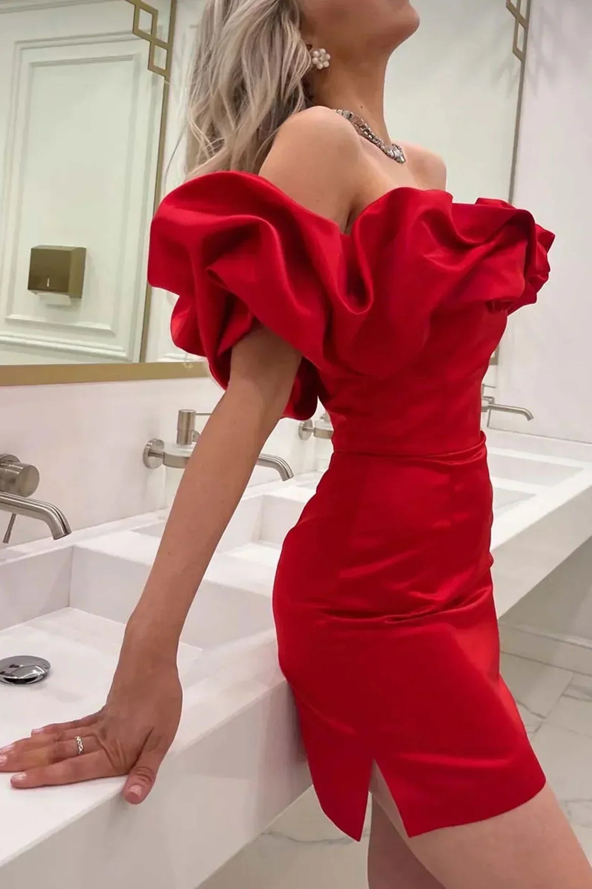 Alessine | Off-Shoulder Satin Ruffle Mini Dress