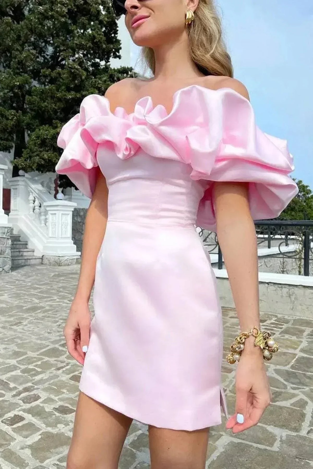Alessine | Off-Shoulder Satin Ruffle Mini Dress