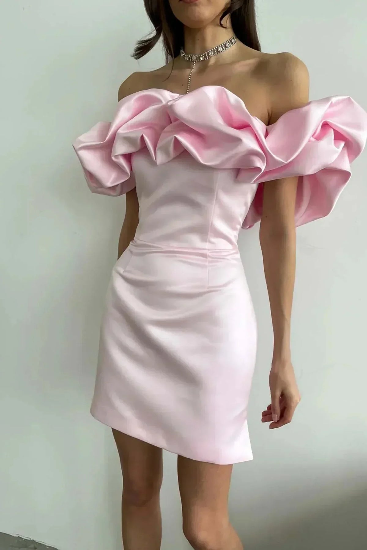 Alessine | Off-Shoulder Satin Ruffle Mini Dress