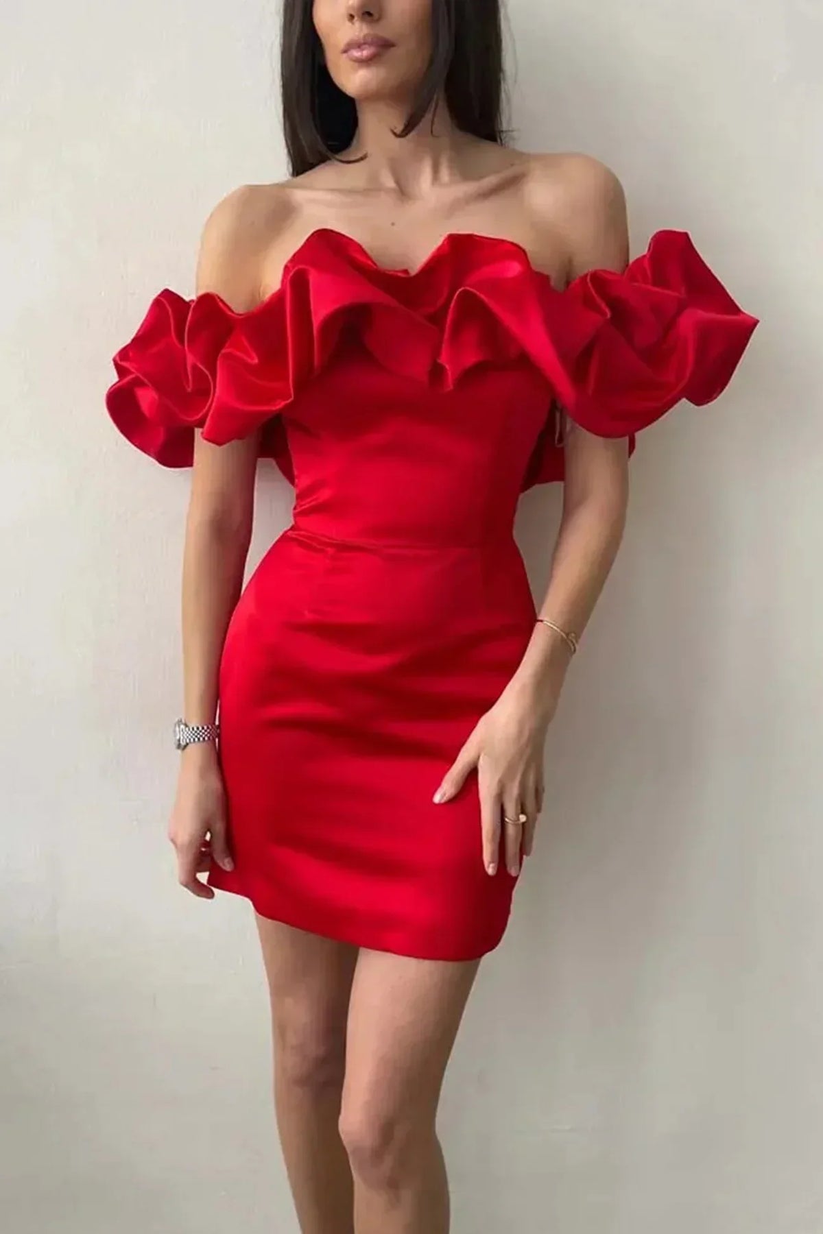 Alessine | Off-Shoulder Satin Ruffle Mini Dress
