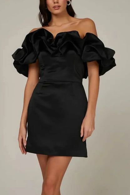 Alessine | Off-Shoulder Satin Ruffle Mini Dress