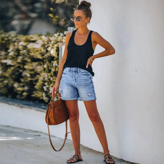 Adélie | High-Waist Rolled-Hem Denim Shorts