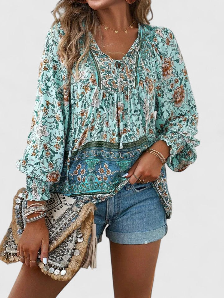 Theodora | Boho Floral V Neck Blouse