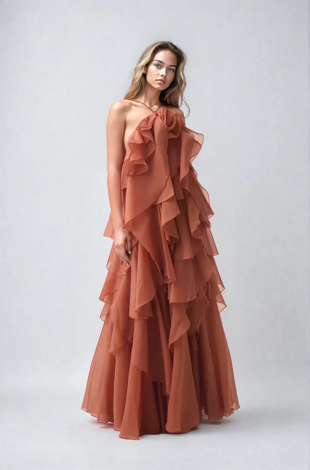 Halla | Halter Ruffle Tiered Maxi Cocktail Dress