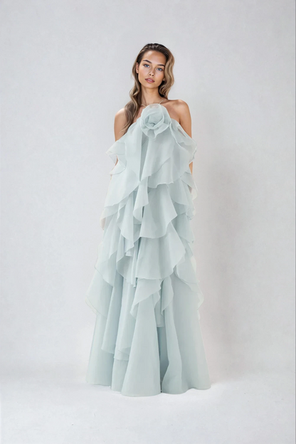 Halla | Halter Ruffle Tiered Maxi Cocktail Dress