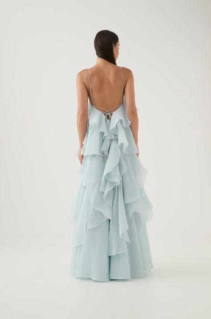 Halla | Halter Ruffle Tiered Maxi Cocktail Dress
