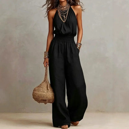 Tindra | Halter Smocked Wide-Leg Jumpsuit
