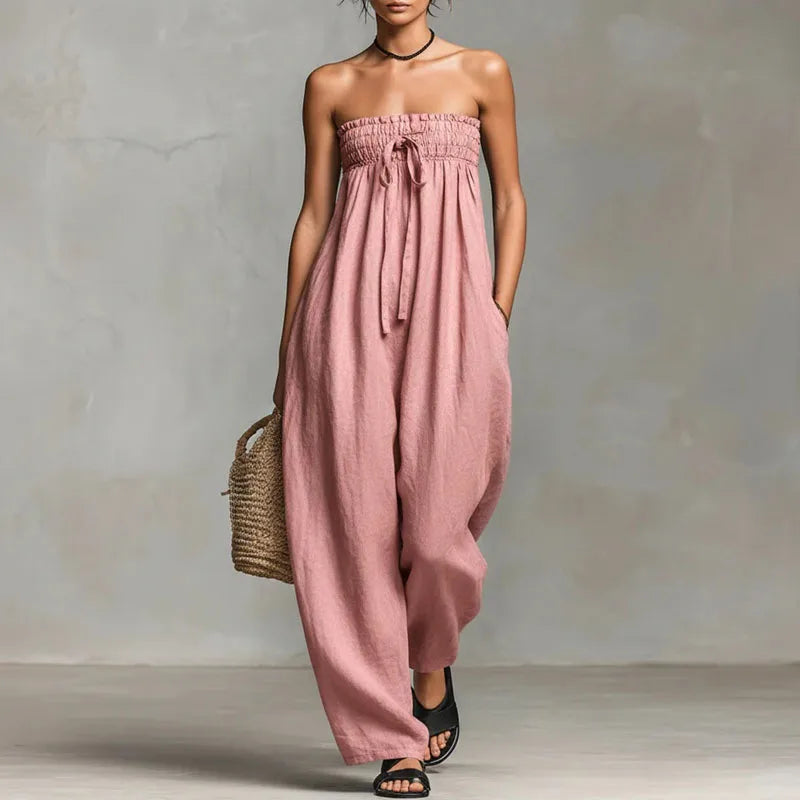 Ismerie | Strapless Ruched Wide-Leg Jumpsuit