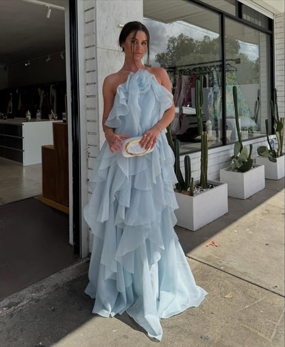 Halla | Halter Ruffle Tiered Maxi Cocktail Dress