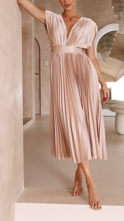 Alessia | Pleated V-Neck Wedding Guest Maxi Dress