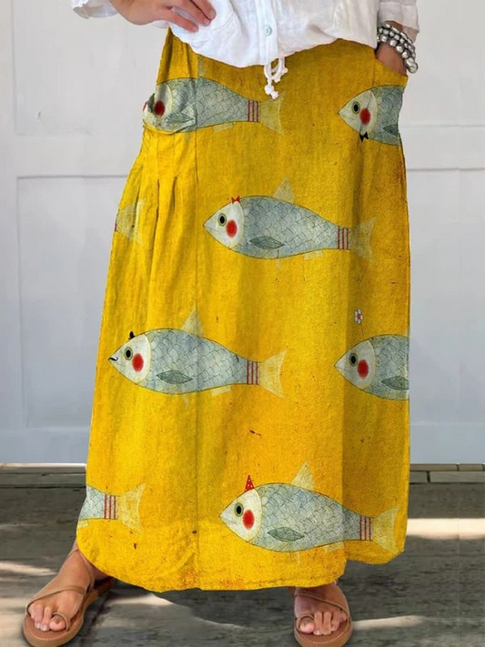 Isla | Vintage Fish Print Skirt With Pockets