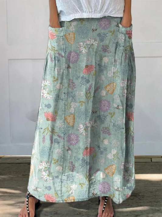 Dahlia | Floral Bee Print Skirt With Pockets
